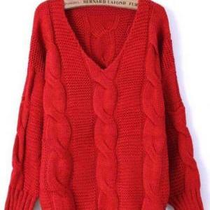 Red Batwing Long Sleeve Diaper Loose Sweater..