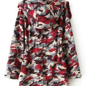 Red Camouflage Hoodie Zipper Trenth Coat..