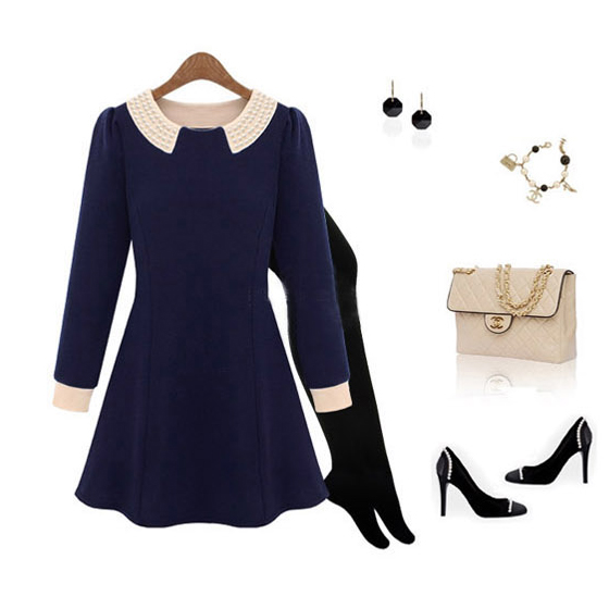 Dark Blue Beaded Long Sleeved Dress #ecs010211 on Luulla