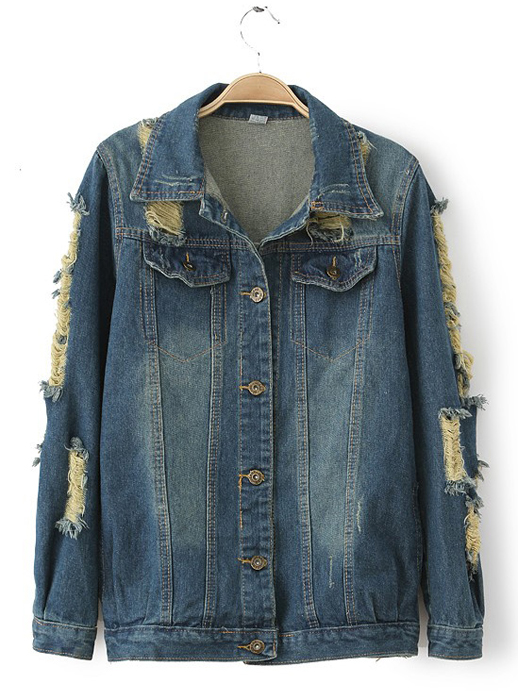 Hole Lapel Single-breasted Denim Jacket #ecs013151 on Luulla