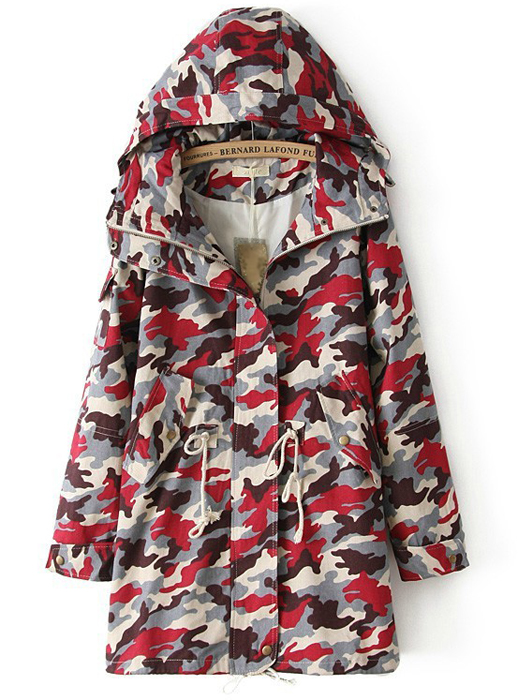 Red Camouflage Hoodie Zipper Trenth Coat #ecs013300