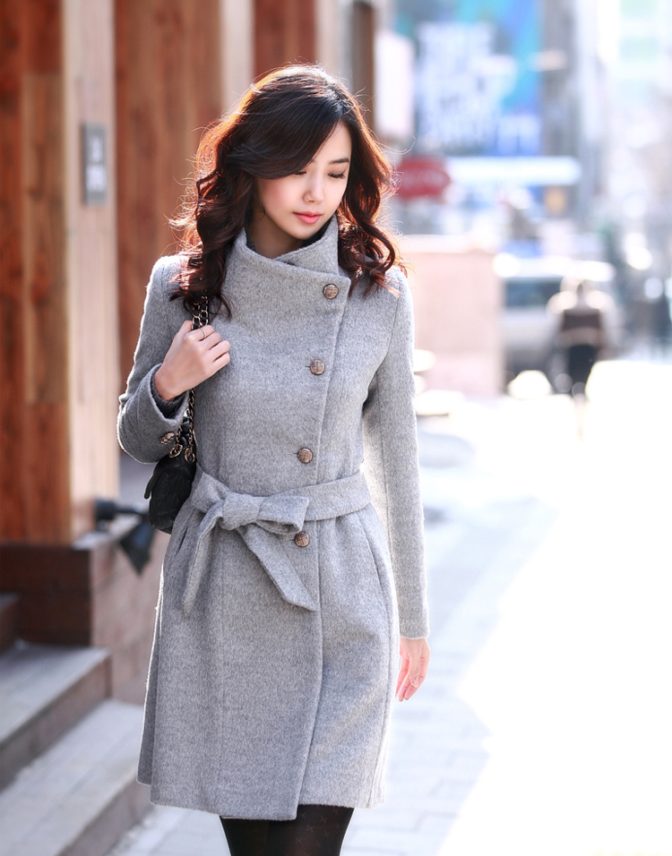 Gray Fashion Slim Long Wool Coat #ecs013354